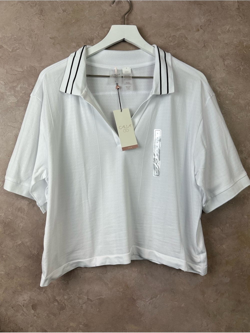 Calia by Carrie Underwood Focus Crop White Polo Top Women Sz L Nwt